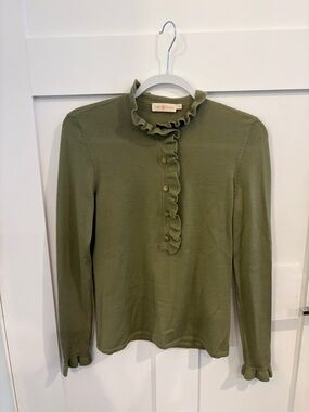 Tory Burch Olive Ruffle-Trim Long Sleeve Knit Top